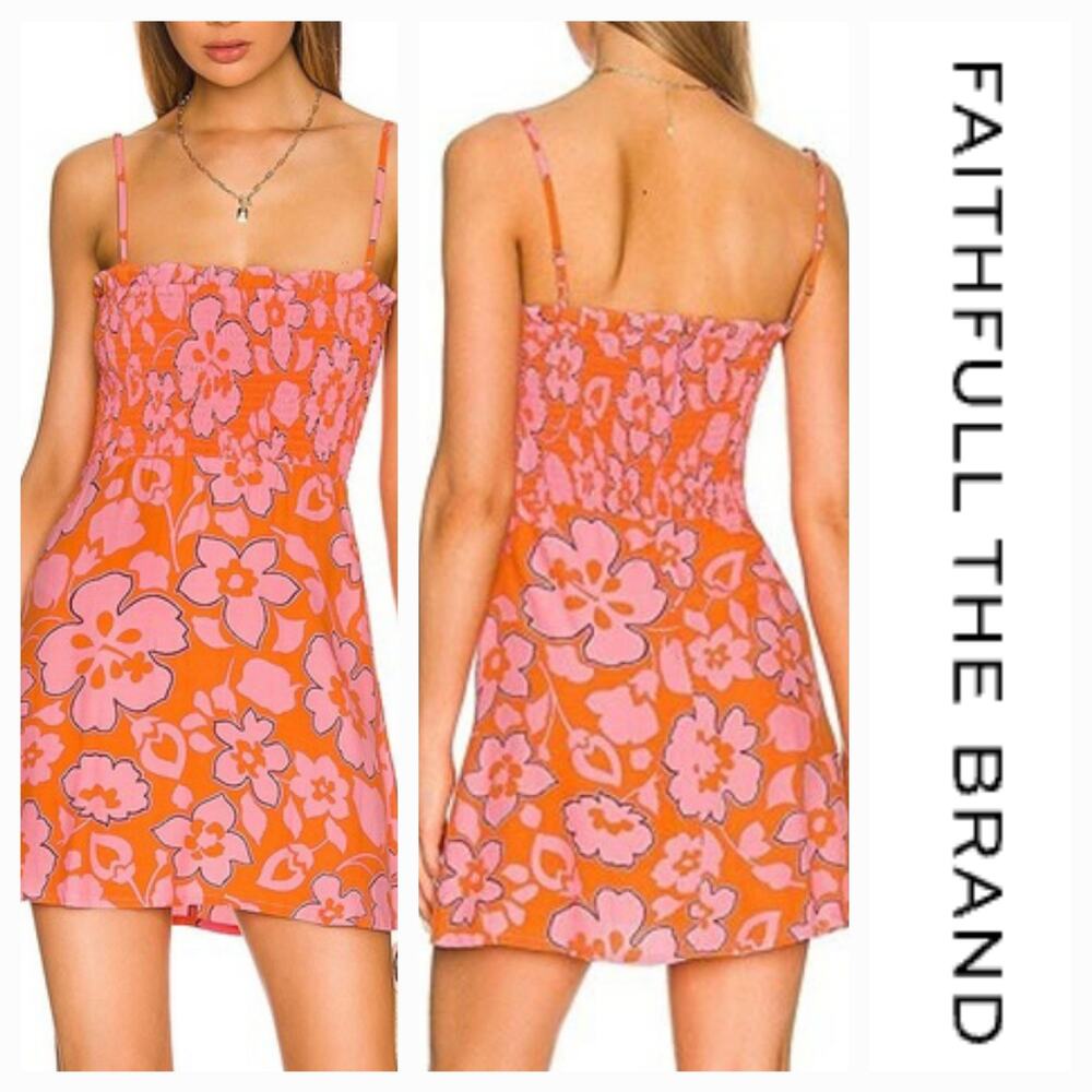 NWT Faithfull the Brand Marni Paraiso Floral Print Mini Dress Sz. 4 Orange Pink